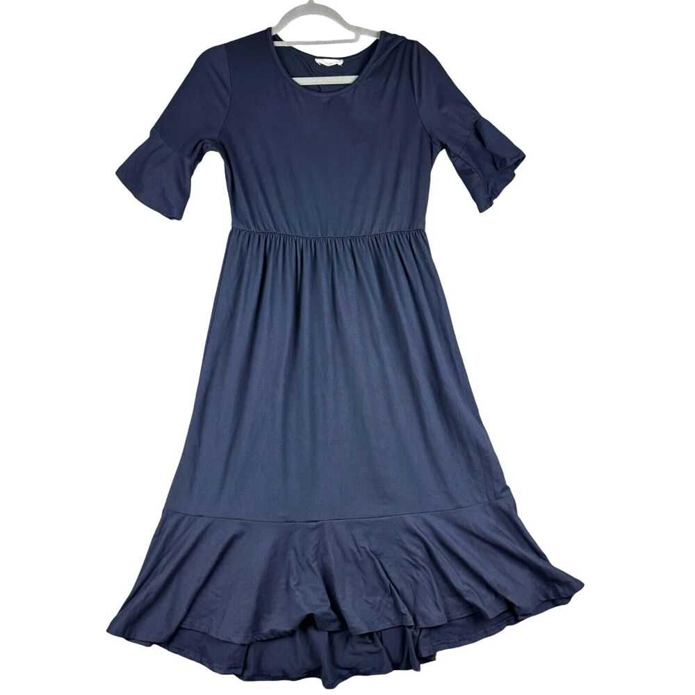 Reborn J Dress Women's Medium Blue Stretch Flare Solid Casual Ruffle Sleeve Cute